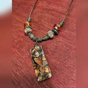 SOLD!!! Handcrafted Orange Sea Sediment Jasper Slab Pendant Beaded Necklace